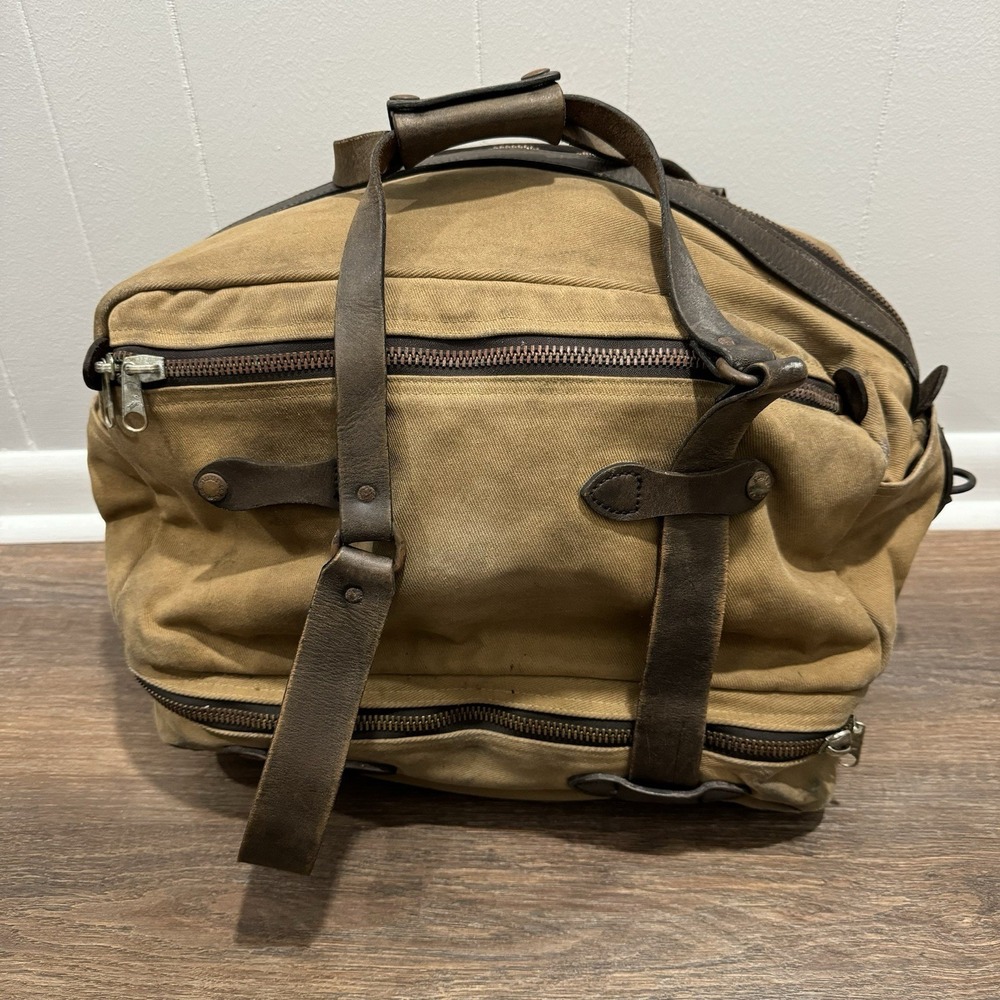 VTG‎ Filson Rugged Twill Duffle Bag Dark Tan Talon Era Leather FAIR